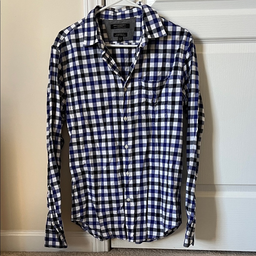 Men's Banana Republic Blue, White, and Black Checkered Shirt